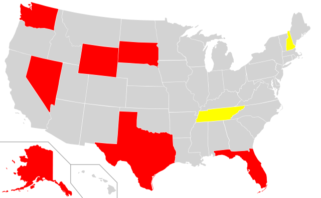 Map of USA showing states with no state income tax